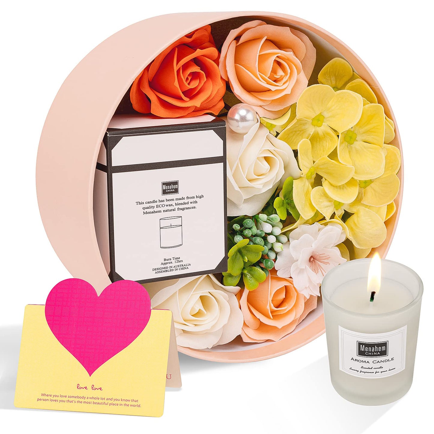 Fleur de Savon avec Coffret Bougies Parfumées - Cadeau Personnalisé pour Femme - Idéal pour Anniversaire, Fête des Mères, Saint-Valentin, Noël - Lunea