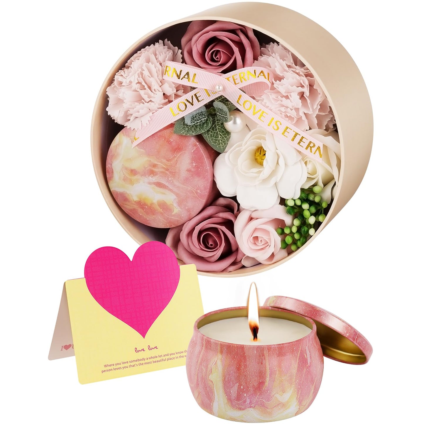 Fleur de Savon avec Coffret Bougies Parfumées - Cadeau Personnalisé pour Femme - Idéal pour Anniversaire, Fête des Mères, Saint-Valentin, Noël - Lunea